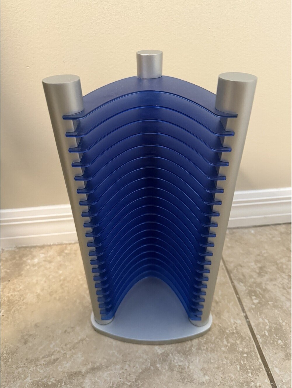 Vintage Y2K CD Rack Tower Silver Ice Blue 20 CD Storage Futuristic Modern Design